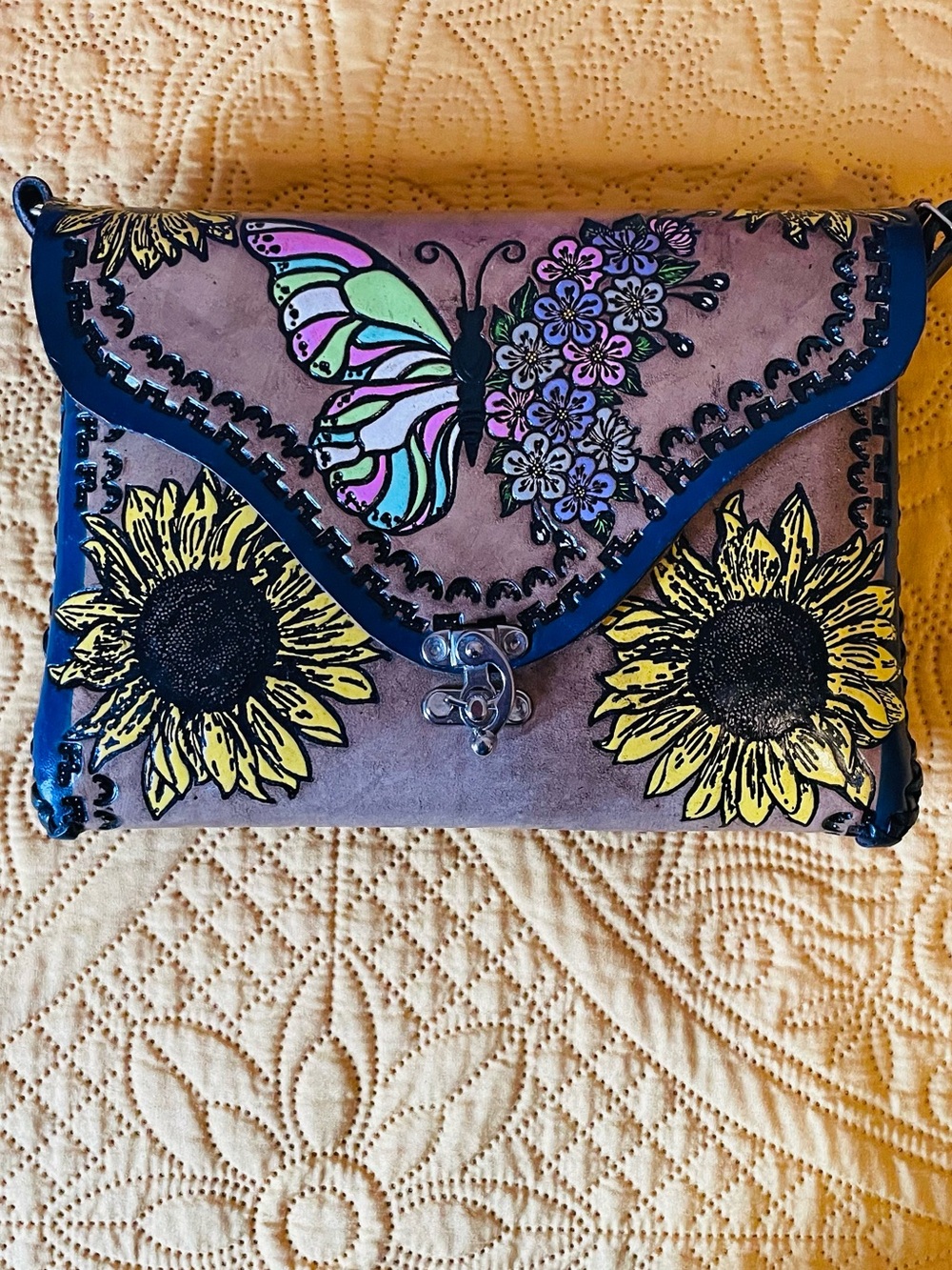 Hand Tooled Artesanal Butterfly & Sunflower Crossbody Bag
